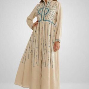 Hand-Embroidered Cotton-Linen Dress by Siwa Artisans – Beige free size up to 2XL