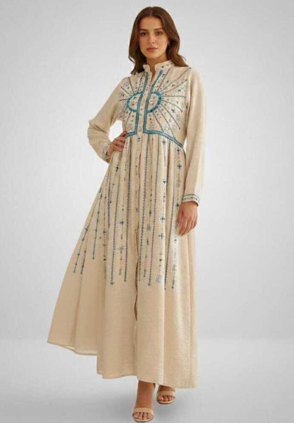 Hand-Embroidered Cotton-Linen Dress by Siwa Artisans – Beige free size up to 2XL