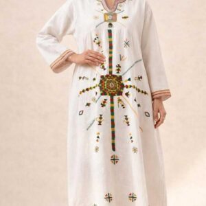white pure Linen dress  with Hand Embroidery by Siwa Artisans | Nature-Inspired | Free Size up to 3XL
