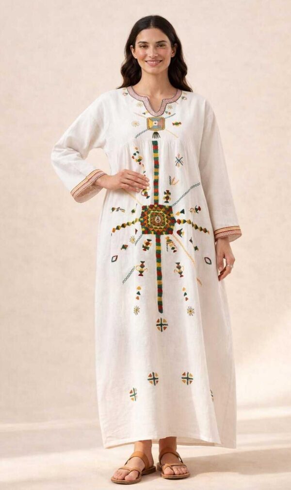 white pure Linen dress  with Hand Embroidery by Siwa Artisans | Nature-Inspired | Free Size up to 3XL