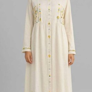Handmade Beige Linen Dress – Hand-Embroidered by Siwan Artisans (3XL, One of a Kind)