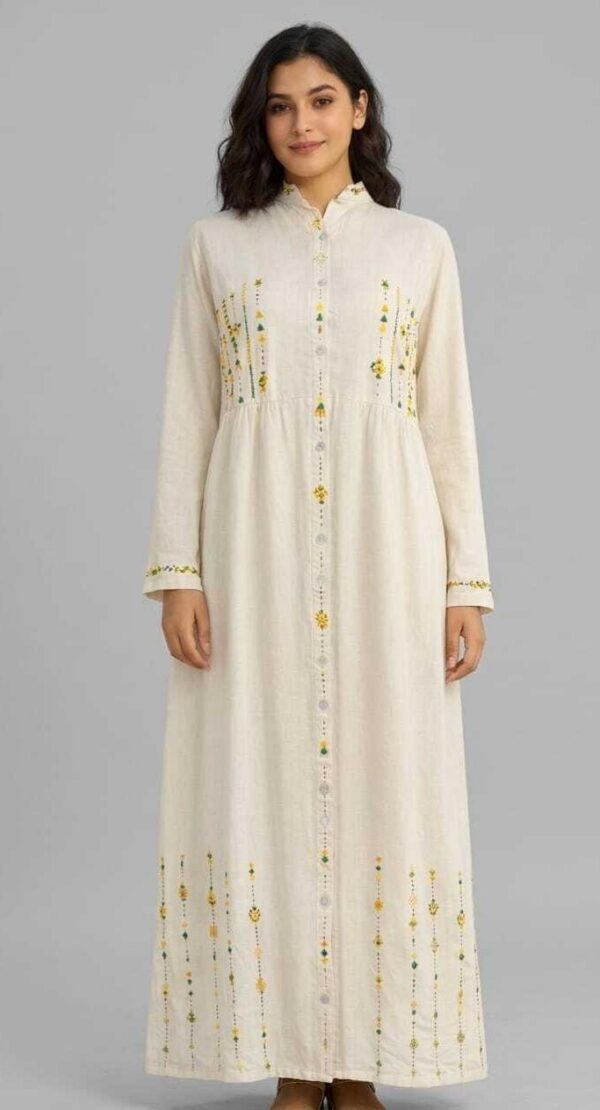 Handmade Beige Linen Dress – Hand-Embroidered by Siwan Artisans (3XL, One of a Kind)