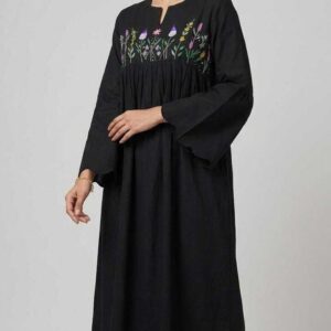 Hand-Embroidered  Black Spanish Linen Dress with Colorful Threadwork | Size up to 3 XL