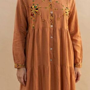 Handmade Havana Linen Dress – Hand-Embroidered by Siwan Artisans (3XL, One of a Kind)