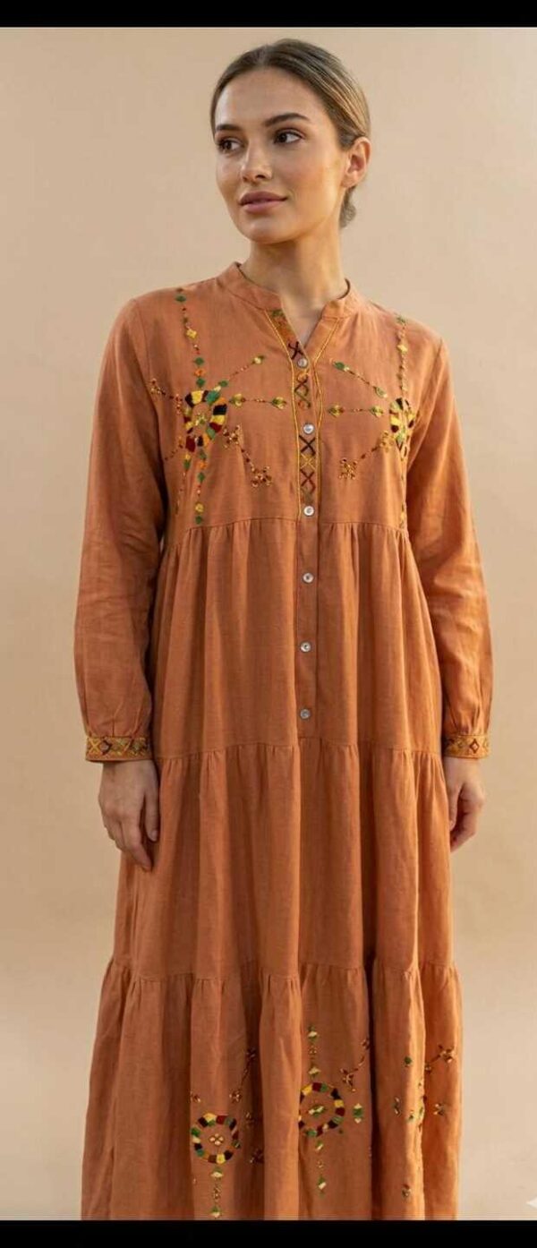 Handmade Havana Linen Dress – Hand-Embroidered by Siwan Artisans (3XL, One of a Kind)