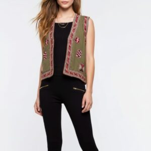 Handmade Olive Linen Vest – Hand-Embroidered by Siwan Artisans (XL, One of a Kind)