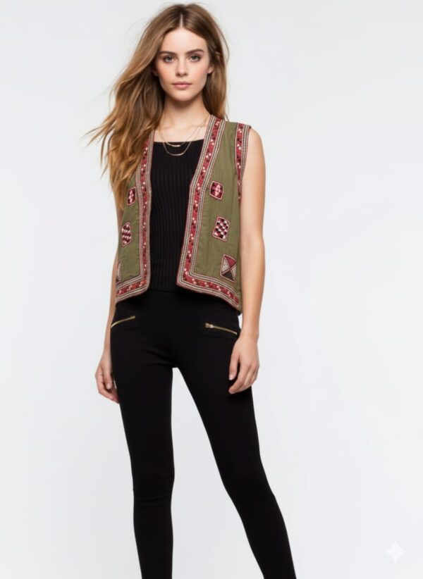 Handmade Olive Linen Vest – Hand-Embroidered by Siwan Artisans (XL, One of a Kind)