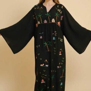 Black spanish linen Dress | Hand-Embroidered by Sohag Women with Village-Inspired Motifs | Size free size up to 3XL
