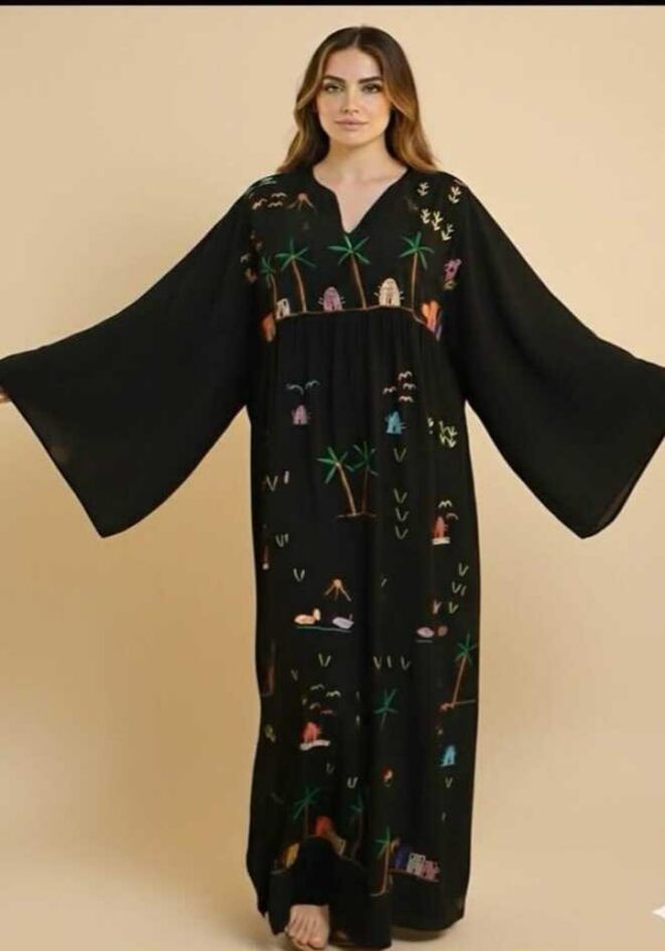 Black spanish linen Dress | Hand-Embroidered by Sohag Women with Village-Inspired Motifs | Size free size up to 3XL
