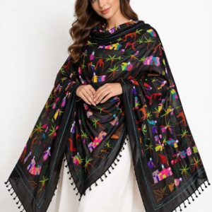 Handmade black cotton shawl  from Akhmim – Handwoven & Embroidered Egyptian Village Design (2m x 1m)