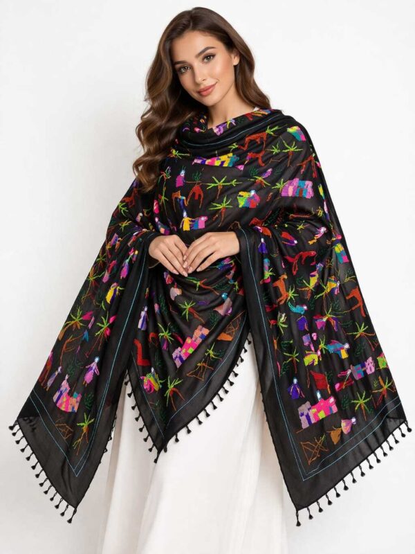 Handmade black cotton shawl  from Akhmim – Handwoven & Embroidered Egyptian Village Design (2m x 1m)