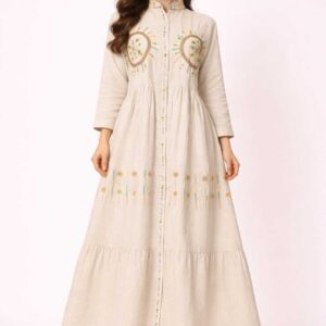 Handmade Beige Linen Dress – Hand-Embroidered by Siwan Artisans (XL, One of a Kind)