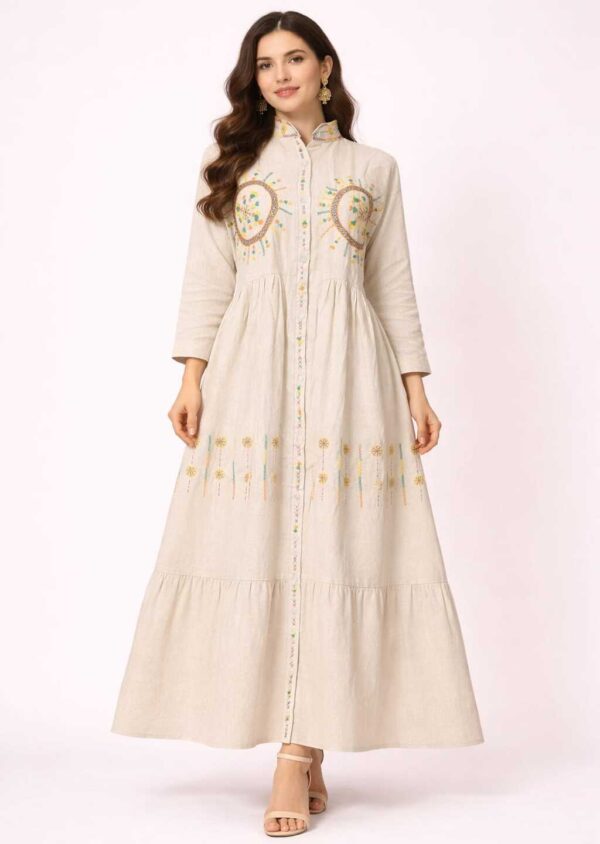 Handmade Beige Linen Dress – Hand-Embroidered by Siwan Artisans (XL, One of a Kind)