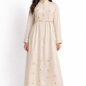 Handmade Beige Linen Dress – Hand-Embroidered by Siwan Artisans (2XL, One of a Kind)