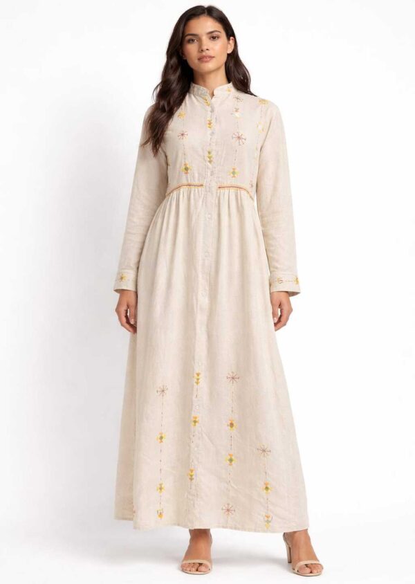Handmade Beige Linen Dress – Hand-Embroidered by Siwan Artisans (2XL, One of a Kind)