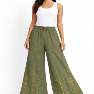 Handmade Olive Linen Pants – Hand-Embroidered by Siwan Artisans (3XL, One of a Kind)