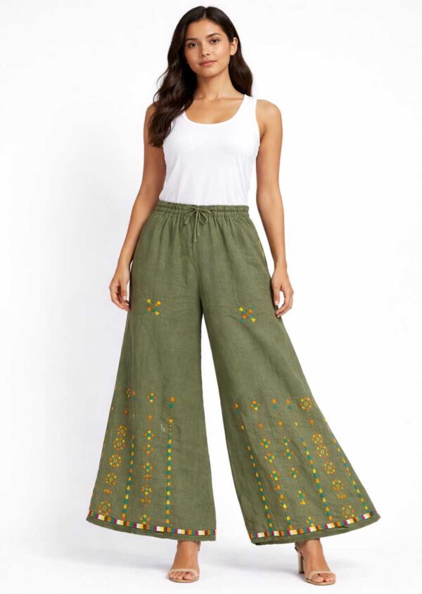 Handmade Olive Linen Pants – Hand-Embroidered by Siwan Artisans (3XL, One of a Kind)