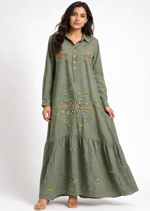Handmade olive Linen Dress – Hand-Embroidered by Siwan Artisans (3XL, One of a Kind)