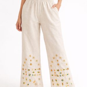 Handmade beige Linen Pants – Hand-Embroidered by Siwan Artisans (2XL, One of a Kind)
