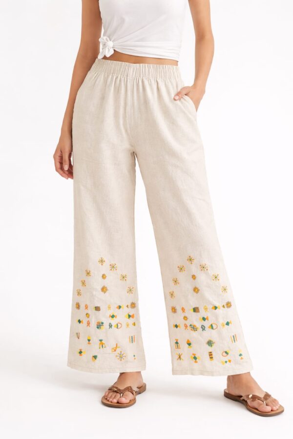 Handmade beige Linen Pants – Hand-Embroidered by Siwan Artisans (2XL, One of a Kind)