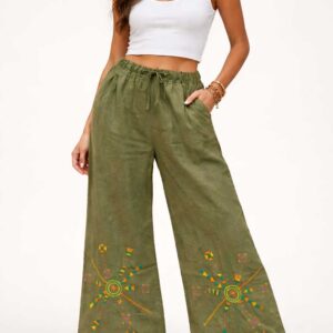 Handmade Olive Linen Pants – Hand-Embroidered by Siwan Artisans (3XL, One of a Kind)