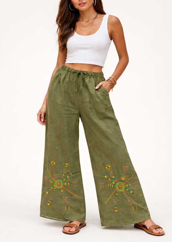 Handmade Olive Linen Pants – Hand-Embroidered by Siwan Artisans (3XL, One of a Kind)