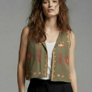 Handmade Olive Linen Vest – Hand-Embroidered by Siwan Artisans (XL, One of a Kind)