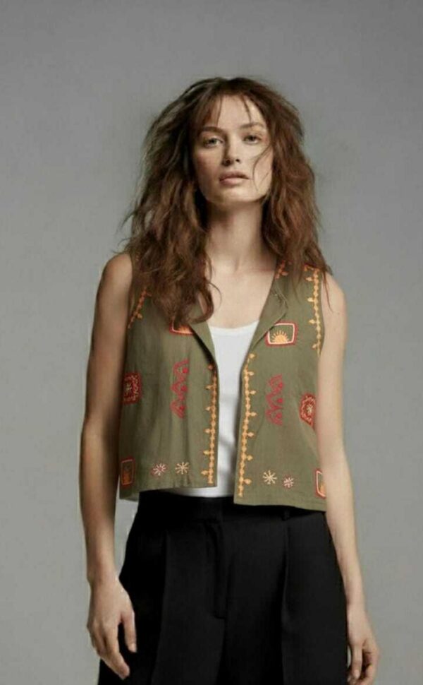 Handmade Olive Linen Vest – Hand-Embroidered by Siwan Artisans (XL, One of a Kind)