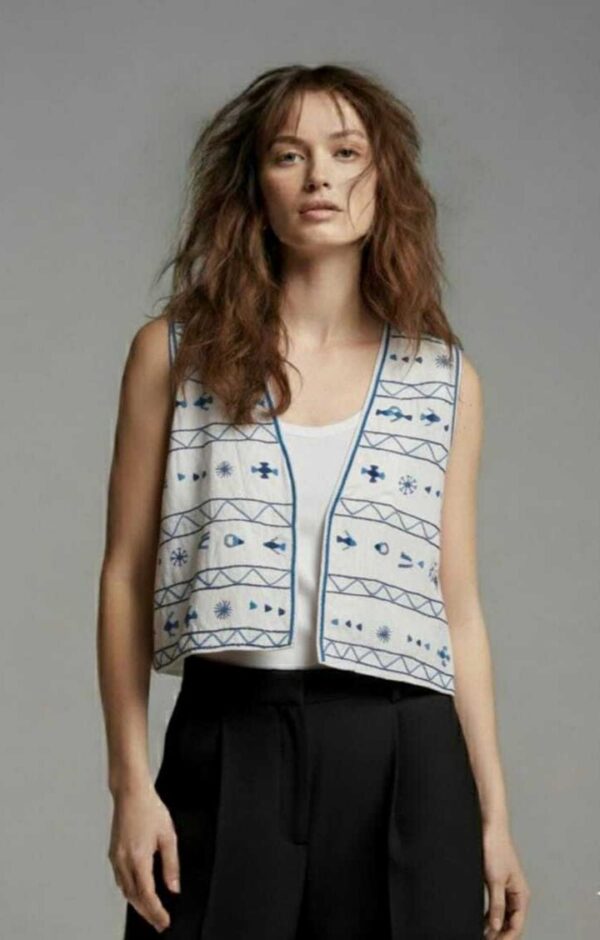 Handmade white Linen Vest – Hand-Embroidered by Siwan Artisans (2XL, One of a Kind)