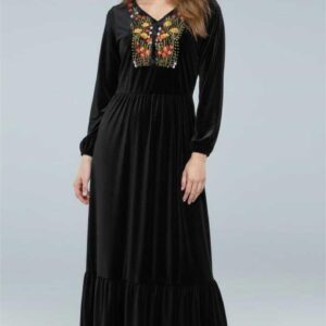 Handmade Black velvet Dress – Hand-Embroidered by Egyptian Artisans (3XL, One of a Kind)