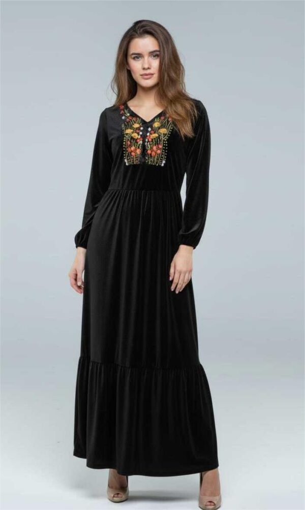 Handmade Black velvet Dress – Hand-Embroidered by Egyptian Artisans (3XL, One of a Kind)