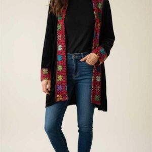 Handmade Black velvet cardigan – Hand-Embroidered by North Sinai Artisans ( Size L, One of a Kind)
