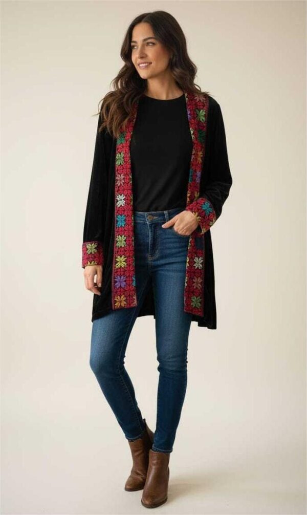 Handmade Black velvet cardigan – Hand-Embroidered by North Sinai Artisans ( Size L, One of a Kind)