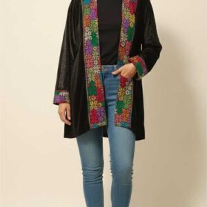 Handmade Black velvet cardigan – Hand-Embroidered by North Sinai Artisans (Free Size up to 2XL, One of a Kind)
