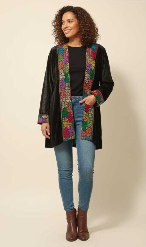 Handmade Black velvet cardigan – Hand-Embroidered by North Sinai Artisans (Free Size up to 2XL, One of a Kind)