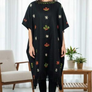 Handmade Black Wool Poncho – Handwoven & Embroidered by Saint Catherine Artisans (Free Size  up to 3XL , One of a Kind)