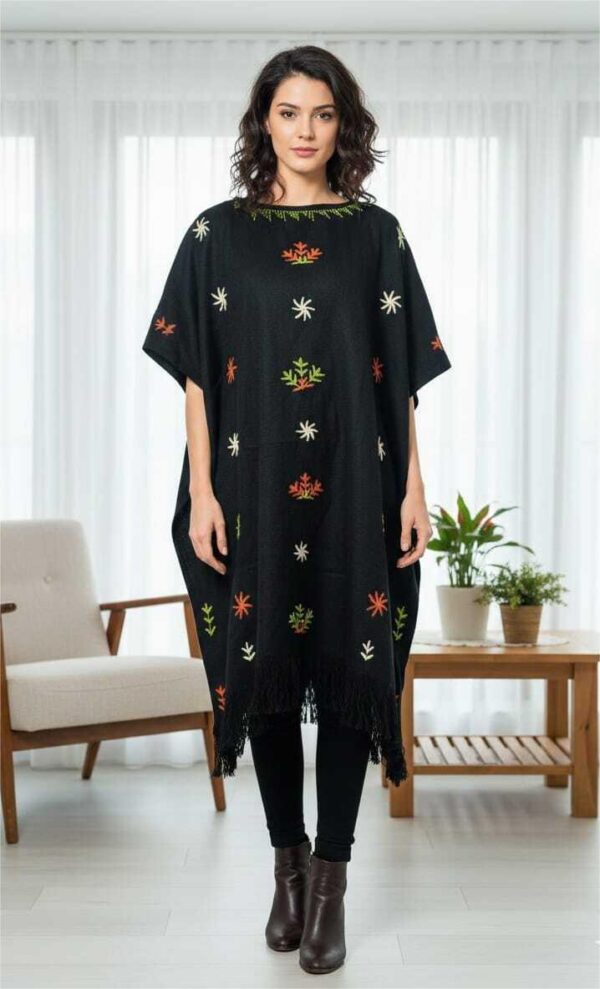 Handmade Black Wool Poncho – Handwoven & Embroidered by Saint Catherine Artisans (Free Size  up to 3XL , One of a Kind)