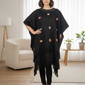 Handmade Black Wool Poncho – Handwoven & Embroidered by Saint Catherine Artisans (Free Size  up to 3XL , One of a Kind)