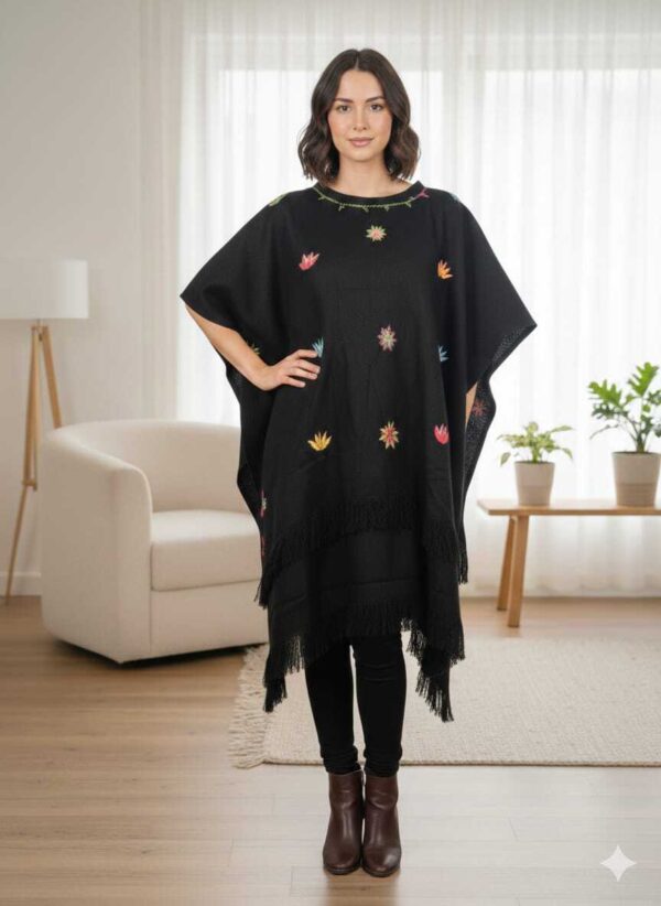 Handmade Black Wool Poncho – Handwoven & Embroidered by Saint Catherine Artisans (Free Size  up to 3XL , One of a Kind)