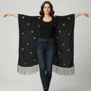 Handmade Black Wool Blend Cardigan – Hand-Embroidered by Saint Catherine Artisans (Free Size up to 3 XL, One of a Kind)
