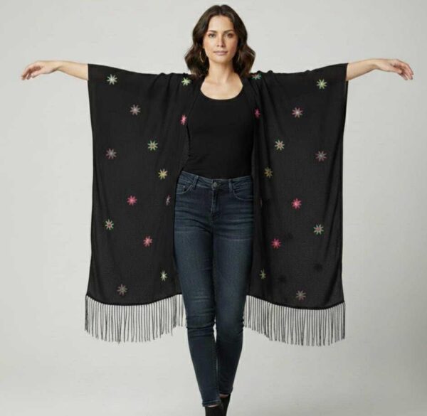 Handmade Black Wool Blend Cardigan – Hand-Embroidered by Saint Catherine Artisans (Free Size up to 3 XL, One of a Kind)