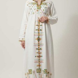 Handmade white  Linen Dress – Hand-Embroidered by Siwan Artisans (XL, One of a Kind)