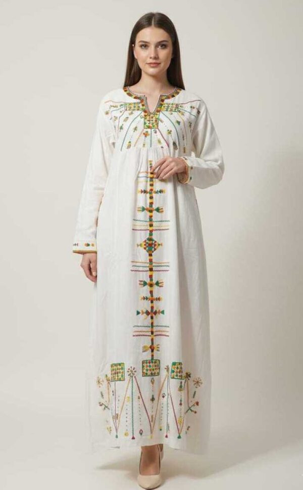 Handmade white  Linen Dress – Hand-Embroidered by Siwan Artisans (XL, One of a Kind)