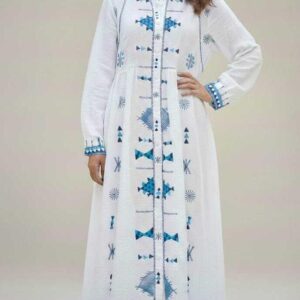 Handmade White Cotton & Linen Dress – Hand-Embroidered by Siwan Artisans , One of a Kind  Free size up to XL