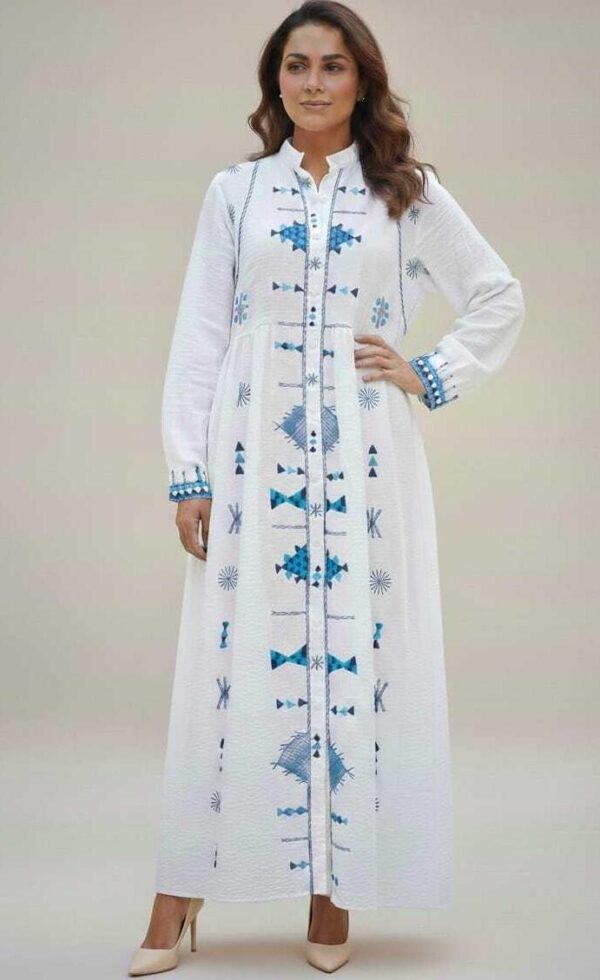 Handmade White Cotton & Linen Dress – Hand-Embroidered by Siwan Artisans , One of a Kind  Free size up to XL