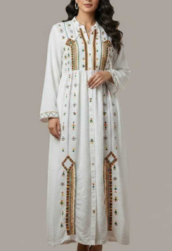 Handmade White Cotton & Linen Dress – Hand-Embroidered by Siwan Artisans , One of a Kind  Free size up to 2 XL