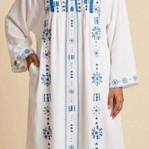 Handmade white  Linen Dress – Hand-Embroidered by Siwan Artisans (2XL, One of a Kind)