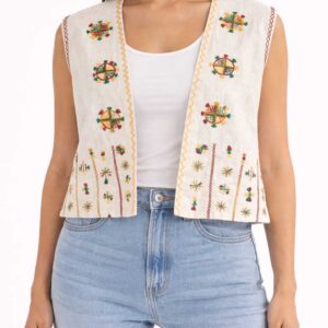 Handmade beige Linen Vest – Hand-Embroidered by Siwan Artisans (2XL, One of a Kind)