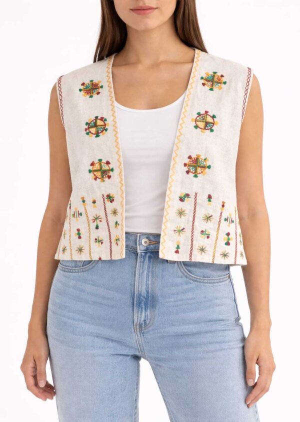 Handmade beige Linen Vest – Hand-Embroidered by Siwan Artisans (2XL, One of a Kind)