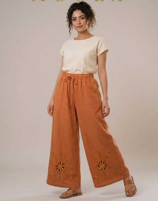 Handmade Havana Linen Pants – Hand-Embroidered by Siwan Artisans (2XL, One of a Kind)